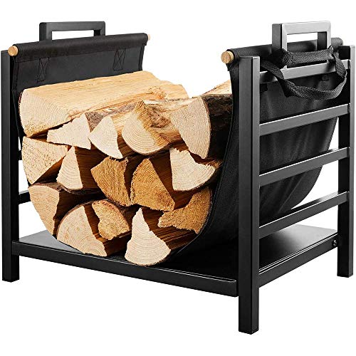 Bakaji Cuna para leña de metal con cesta para leña de tela Oxford para interior de madera, casa para chimenea, estufa, diseño moderno, color negro, tamaño 40 x 45 x 32 cm (Diseño 1)