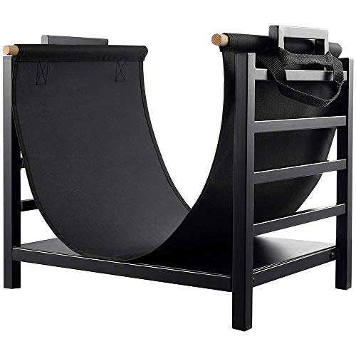 Bakaji Cuna para leña de metal con cesta para leña de tela Oxford para interior de madera, casa para chimenea, estufa, diseño moderno, color negro, tamaño 40 x 45 x 32 cm (Diseño 1)