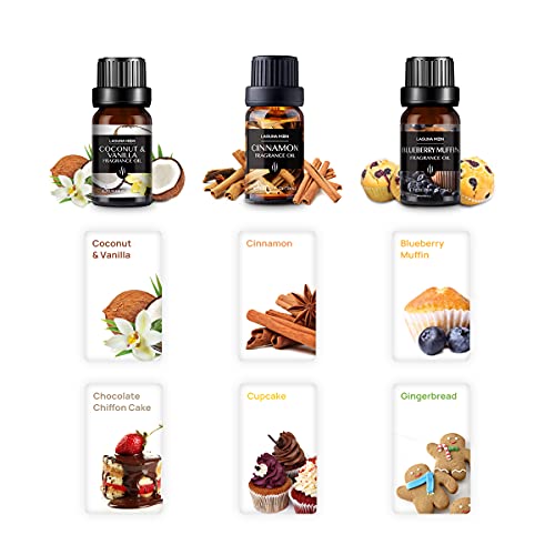 Bakery Premium Fragrance Oil Set de 6 (10 ml), set de regalo de aceites perfumados: pan de jengibre, cupcake, muffin de arándanos, pastel de chifón de chocolate, coco, vainilla y canela