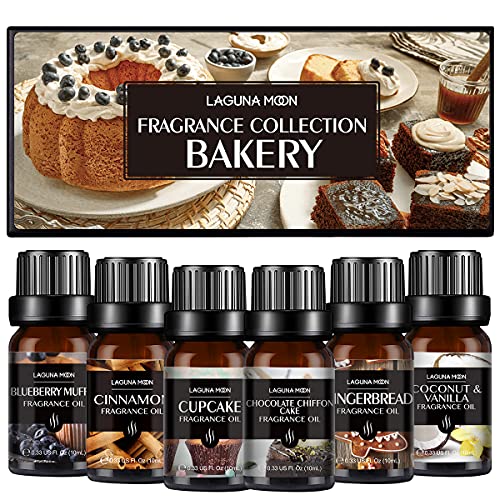 Bakery Premium Fragrance Oil Set de 6 (10 ml), set de regalo de aceites perfumados: pan de jengibre, cupcake, muffin de arándanos, pastel de chifón de chocolate, coco, vainilla y canela