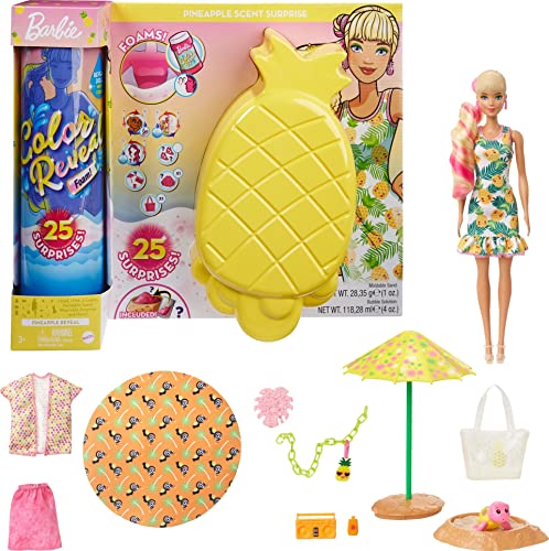 Barbie Color Reveal con espuma Piña, muñeca sorpresa con vestido y accesorios de moda de verano de juguete (Mattel GTN17)