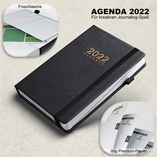 BEE STATIONERY Agenda 2022 Dia Por Pagina, A5 Planner Con Plan Mensual & Bolsillo Interior & Cierre Elástico, Tapa Dura Con PU Piel Negro