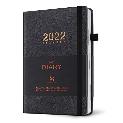 BEE STATIONERY Agenda 2022 Dia Por Pagina, A5 Planner Con Plan Mensual & Bolsillo Interior & Cierre Elástico, Tapa Dura Con PU Piel Negro