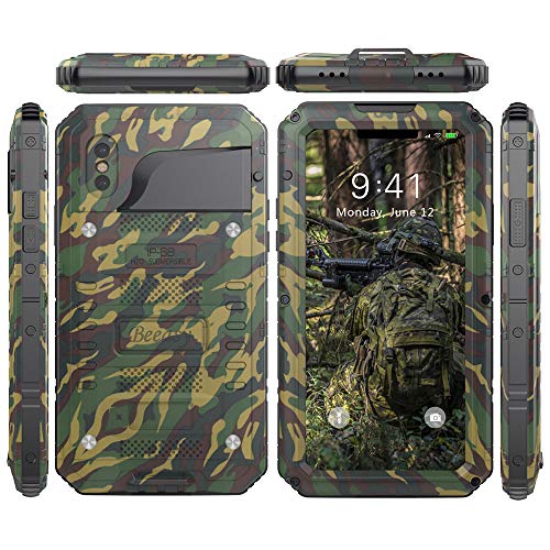 Beeasy Funda Antigolpes iPhone XS, [Sumergible] Carcasa Impermeable Resistente Reforzada Acuática Waterproof Metálica Grado Militar Resistente Antipolvos Case para iPhone 10S,Camuflaje