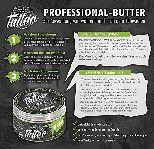 Believa Tattoo crema de mantequilla profesional - Mantequilla vegana para el cuidado del tatuaje (250ml)