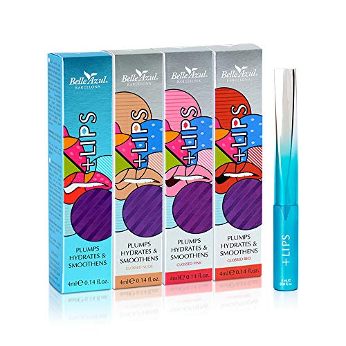 Belle Azul Lips Gloss Kit de 4 Tonos - Edición Limitada - Labios Carnosos, Hidratados y con Más Volumen - Aceite y Células Madre de Argán Ecológicos - Tonos - Clear - Nude - Pink - Red - 4x4 ml