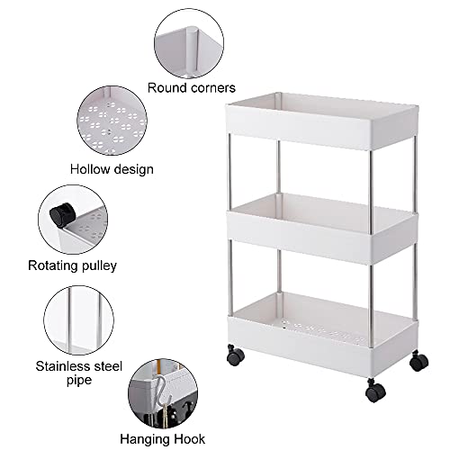 Beowanzk Carrito Auxiliar con Ruedas Cocina Baño Peluqueria Camarera Limpieza Carrito Organizador Almacenaje Blanco Carrito Para Libros 3 Capas (Blanco)