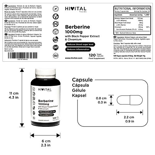 Berberina 1000 mg | 120 cápsulas veganas | Con Cromo y Pimienta Negra para una mejor absorción | El mejor extracto concentrado de Berberis Vulgaris | Fabricado en España por HIVITAL