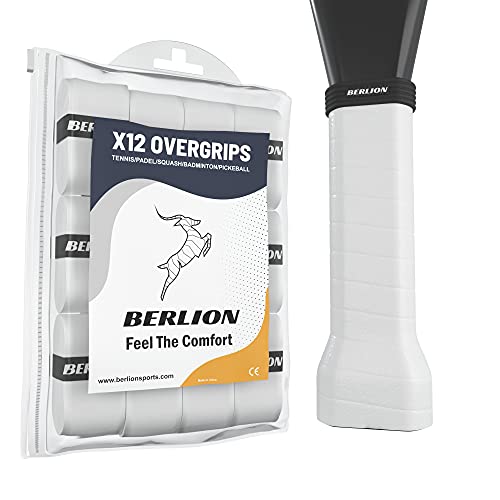 BERLION - 12 Overgrip Padel Pala o Grip Cinta Raqueta Tenis - con Goma o Anillo Protector de Empuñadura Padel Rugoso  (Blanco)