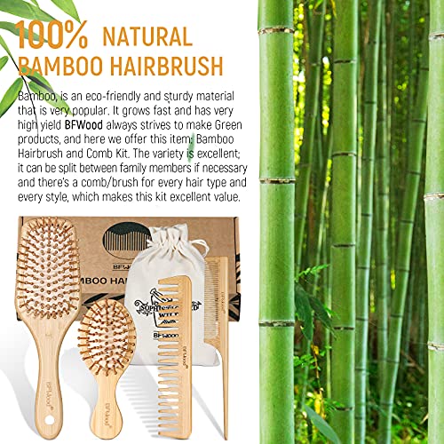 BFWood Juego de Cepillos de Pelo de Bambú 4 en 1, Cepillos y Peines de Madera Ecológicos para Todo Tipo de Cabello de la Familia