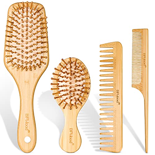 BFWood Juego de Cepillos de Pelo de Bambú 4 en 1, Cepillos y Peines de Madera Ecológicos para Todo Tipo de Cabello de la Familia