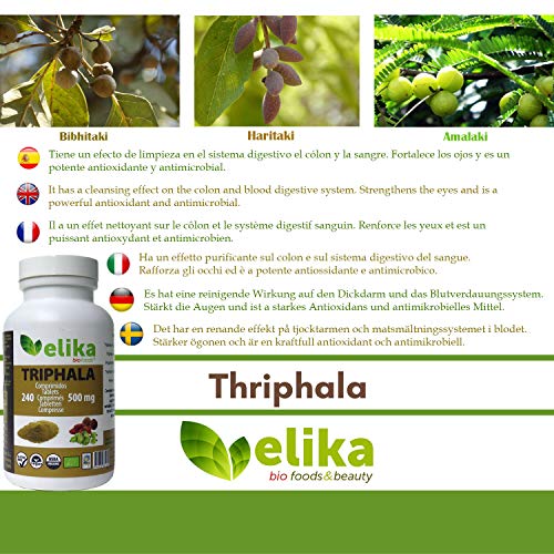 BIO Triphala Elikafoods® ORGÁNICA. 240 comprimidos de 500 mg. Limpia y desintoxica el colon. Contra el estreñimiento. Natural, bio, vegana y sin gluten. Fácil ingesta. Directamente del Himalaya.