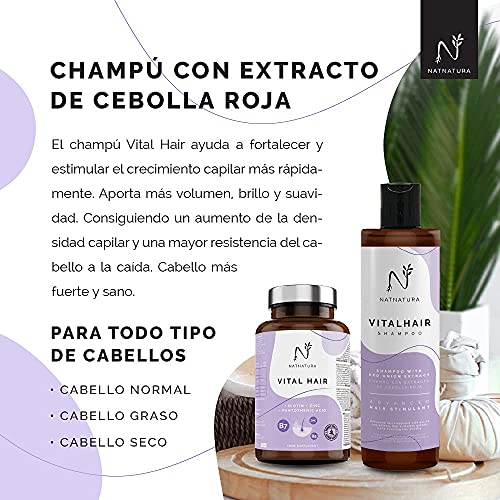 Biotina & Champú con extracto de cebolla VITAL HAIR. Tratamiento Nº 1 anticaída de Europa. Biotina, Zinc, vitamina B5, Mijo y Selenio. Suplemento Vitamínico para crecimiento de Cabello, Piel y Uñas.