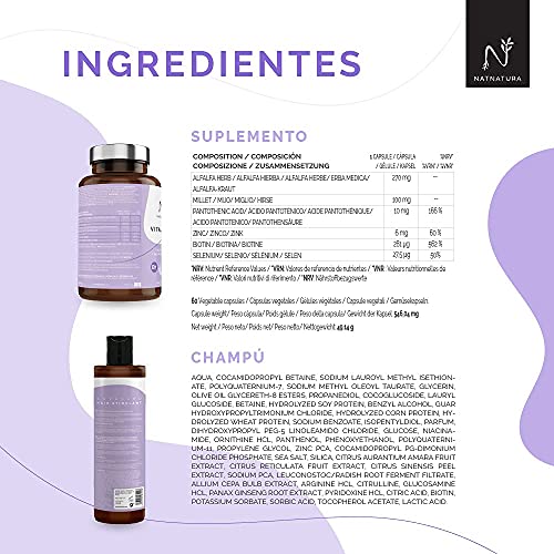 Biotina & Champú con extracto de cebolla VITAL HAIR. Tratamiento Nº 1 anticaída de Europa. Biotina, Zinc, vitamina B5, Mijo y Selenio. Suplemento Vitamínico para crecimiento de Cabello, Piel y Uñas.