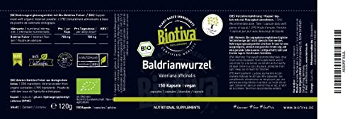 Biotiva Cápsulas de valeriana orgánica 150 piezas - raíz de valeriana molida - 700 mg por cápsula - llenada y verificada en Alemania - vegana