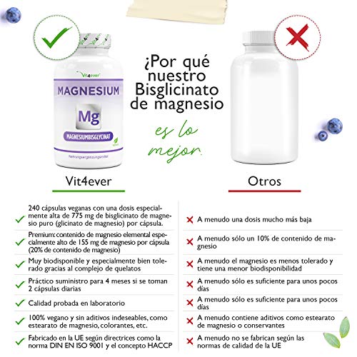 Bisglicinato de magnesio - 240 cápsulas - Premium: magnesio quelado - 155 mg de magnesio elemental por cápsula - Vegano - Fórmula de alta dosis