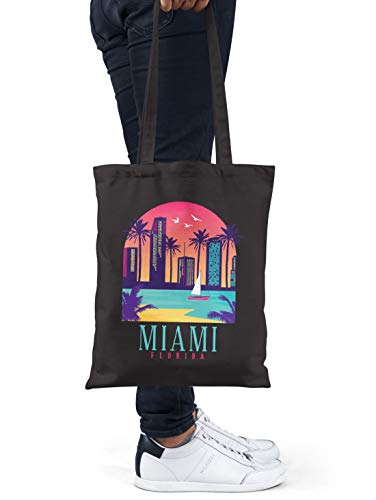 BLAK TEE Miami Florida Skyline Organic Cotton Reusable Shopping Bag Black