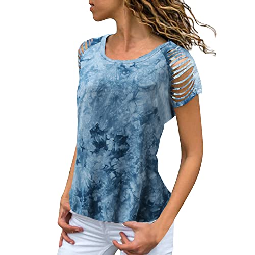 Blusa de hombro frío para mujer, con costuras de ocio, teñido anudado, cuello redondo, estilo casual, para mujer, cuello redondo, blusa de verano para mujer, sexy, cuello redondo, manga corta, azul, L