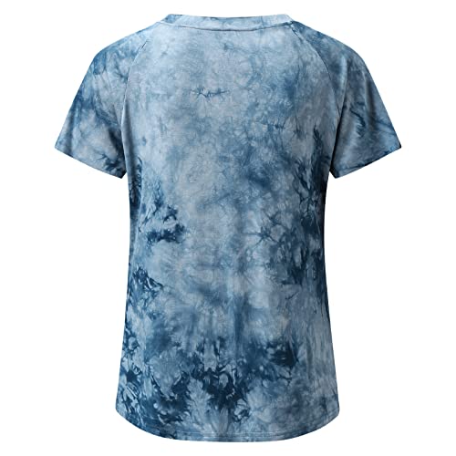 Blusa de hombro frío para mujer, con costuras de ocio, teñido anudado, cuello redondo, estilo casual, para mujer, cuello redondo, blusa de verano para mujer, sexy, cuello redondo, manga corta, azul, L