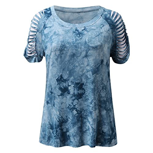 Blusa de hombro frío para mujer, con costuras de ocio, teñido anudado, cuello redondo, estilo casual, para mujer, cuello redondo, blusa de verano para mujer, sexy, cuello redondo, manga corta, azul, L