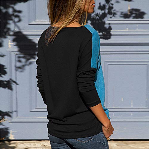 Blusa Moda Patchwork Casual para Mujer Sudadera con Capucha Tallas Grandes Color Block Tallas Grandes O-Neck Manga Larga Camiseta Tops Invierno Abrigos Liquidación de Venta SHOBDW (Azul Claro,2XL)