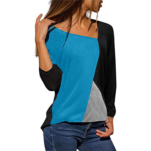 Blusa Moda Patchwork Casual para Mujer Sudadera con Capucha Tallas Grandes Color Block Tallas Grandes O-Neck Manga Larga Camiseta Tops Invierno Abrigos Liquidación de Venta SHOBDW (Azul Claro,2XL)