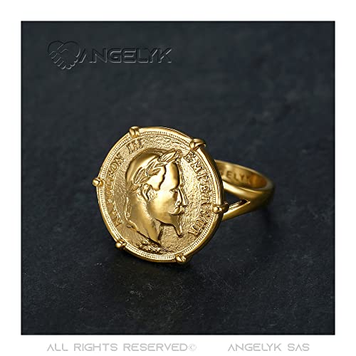 BOBIJOO JEWELRY - Anillo Anillo Anillo de Hombre Mujer de Napoleón III-Diseñador de la Moneda de 20 Francos de Oro Louis 316L de Acero Cromado - 19 (9 US), Dorado - Acero Inoxidable 316