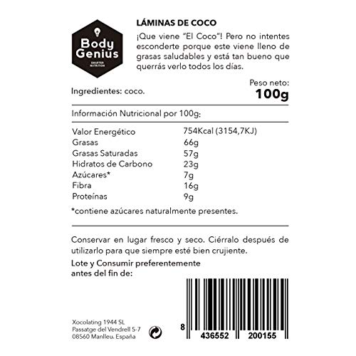 Body Genius Smarter Nutrition Chips Láminas de Coco Finas y Crujientes, Sin azúcar - 3x100 g