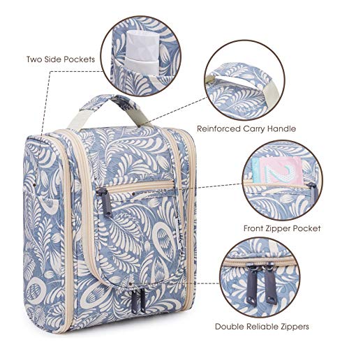 Bolsa de aseo colgante de viaje, organizador cosmético de maquillaje para mujeres y niñas, Blue Leaf (Medium), free