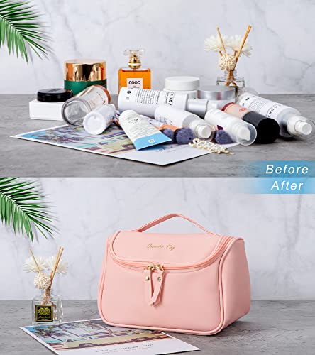 Bolsa de Maquillaje de Viaje Portátil Neceser Maquillaje Grande Cuero de la PU Bolsas de Aseo Impermeable con Cremallera Multifunción Cosméticos Beauty Case para Mujer Rosado