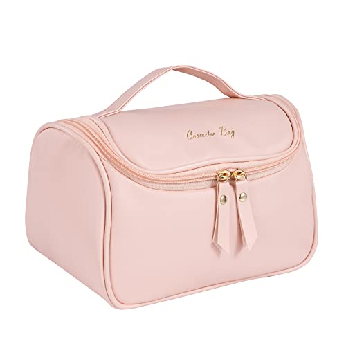 Bolsa de Maquillaje de Viaje Portátil Neceser Maquillaje Grande Cuero de la PU Bolsas de Aseo Impermeable con Cremallera Multifunción Cosméticos Beauty Case para Mujer Rosado