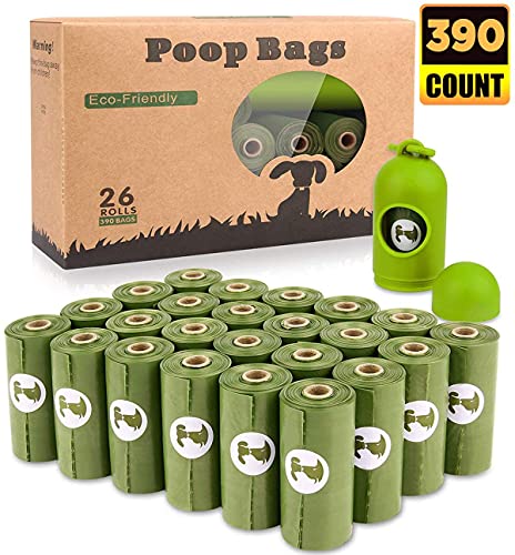 Bolsas Caca Perro Biodegradable 390 Bolsas (26 Rollos) - Bolsas Perro Caca con 1 Gratis Dispensador, Prueba de Fugas y Fragante Bolsas para Caca de Perro