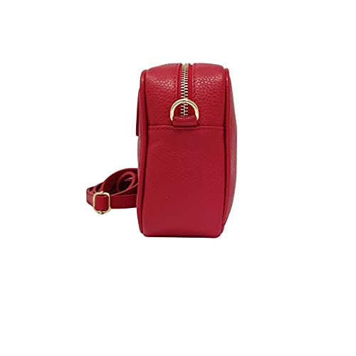 Bolso bandolera para mujer pequeño de piel auténtica con bolsillo frontal y bolsillo interior, cierre con cremallera y correa ajustable, Made in Italy, modelo Joy, bolso bandolera para mujer, rojo