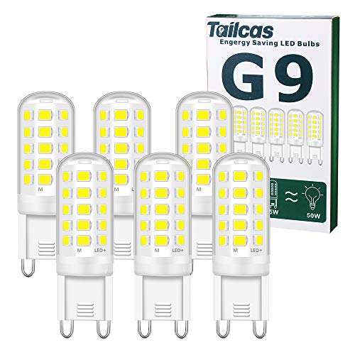 Bombilla LED G9 5W, Blanco Frio 6000K, LED Equivalente a la Bombilla Halógena de 50W, Sin Estroboscópico 500LM, AC220-240V, No Regulable, Ángulo de Luz de 360°, Pack de 6