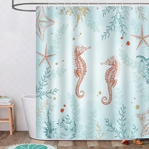 Bonhause Cortina de Ducha Caballo de Mar Estrella de Mar Coral Océano Cortina de Baño de Poliéster Impermeable Antimoho Cortina Ducha con 12 Ganchos 180 x 180 cm