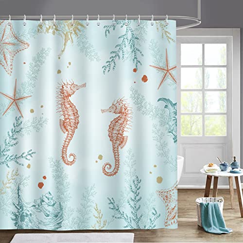 Bonhause Cortina de Ducha Caballo de Mar Estrella de Mar Coral Océano Cortina de Baño de Poliéster Impermeable Antimoho Cortina Ducha con 12 Ganchos 180 x 180 cm