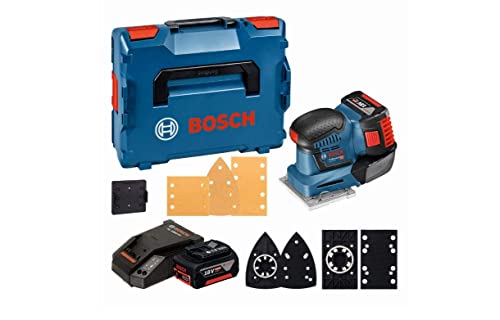 Bosch Professional GSS 18V-10 - Lijadora orbital a batería (2 baterías x 5.0 Ah, cargador, 18V, plato lijador 113 x 101 mm, microfiltro, sin batería, en L-BOXX)