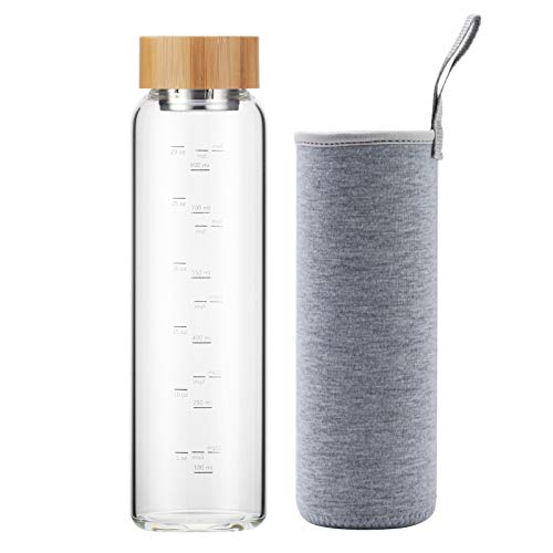 Botella de Agua Cristal 1 Litro Reutilizable con Funda Neopreno y Tapa de Bambú sin Bpa (Gris)