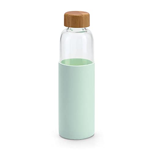 Botella de Agua de Vidrio Borosilicato Reutilizable | Silicona Antideslizante y Cierre de Bambú | Capacidad de 600 ml. (Verde Claro)