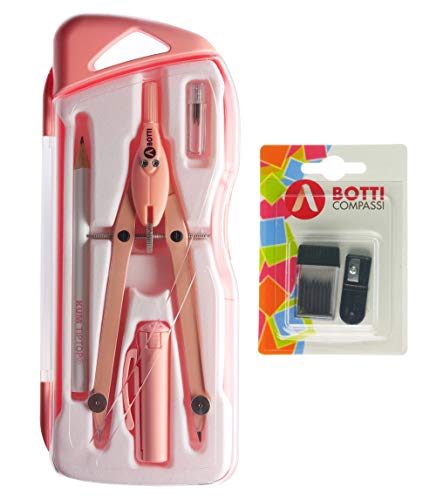 BOTTI Juego de 6 compás de metal profesional, lápiz, sacapuntas con recogedor, extra minas con sacapuntas para escuela primaria primaria superior Made in Italy (Pastel rosa)