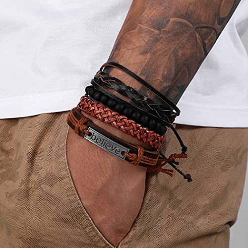 Branets Pulsera de cuero para hombre de Halloween, trenzada, estilo punk gótico, vintage, hecha a mano, ajustable, para hombres y mujeres