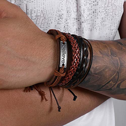 Branets Pulsera de cuero para hombre de Halloween, trenzada, estilo punk gótico, vintage, hecha a mano, ajustable, para hombres y mujeres