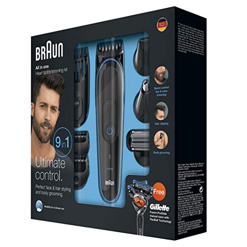 Braun MGK3080 - Set de afeitado multifunción 9 en 1, depiladora masculina, recortadora de barba, cortapelos profesional hombre, negro