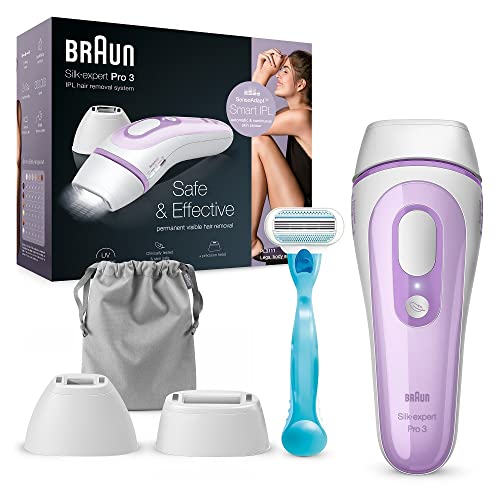 Braun Silk-expert Pro 3 Depiladora Mujer Luz Pulsada IPL con Cabezal de Precisión y Maquinilla de Afeitar Venus, Alternativa a la Depilación Láser en Casa, Unisex, Funda, PL 3111, Blanco/Lila