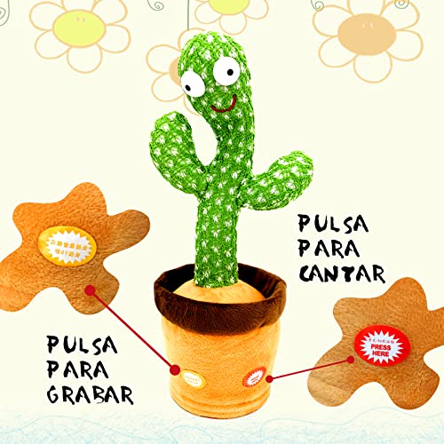 BRAVO HOME Peluche Cactus Bailarín - Cactus Plush Toy - Cactus De Baile Electrónico con Luces y Canciones en Español - Baila, Imita y Graba - Juguetes Creativos y Educativos - Incluye Cable USB