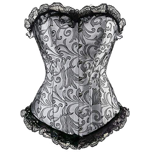 Brocado de plata sexy encaje hasta corsé jacquard floral corselet bustier busk korsett mujeres cintura adelgazar overbust burlesque corsé, ver fotos, S