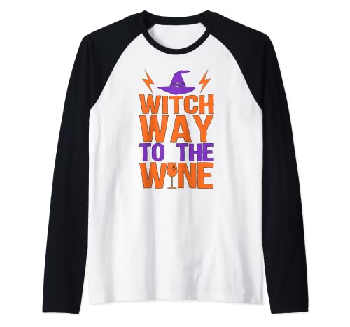 Bruja Camino al Vino Divertido Halloween Beber Hombres Mujeres Camiseta Manga Raglan