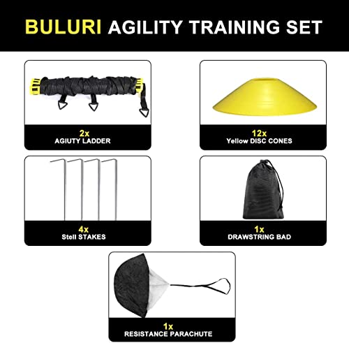 Buluri Escaleras de coordinación para fútbol-2 escaleras de agilidad-12 Conos de Disco-4 Ganchos de Metal-1 paracaídas de Resistencia-1 Bolsa de Transporte-Equipo de Entrenamiento para Entrenamiento