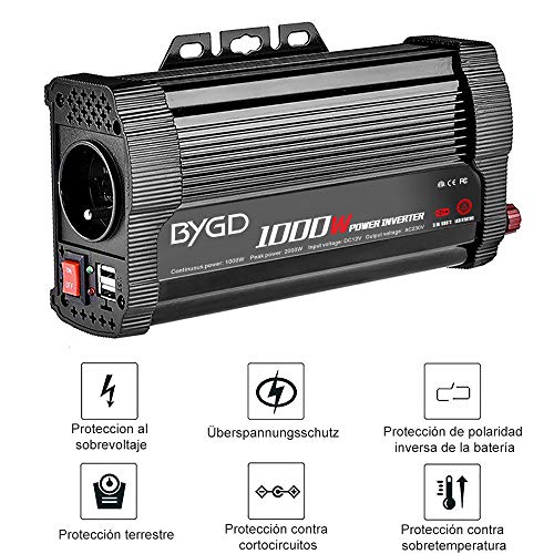 BYGD Convertidor 1000W DC 12V a AC 220V 230V inversor de Coche Transformador Toma de Corriente Cargador de mechero con 1 Toma de Corriente española y 2 Puertos USB