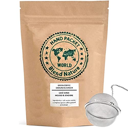 Café Verde en Grano Cortado para Infusión 100% Natural con Jengibre 500 g - Arabica Colombia – Regalo Bola Colador Infusora de Acero Inoxidable